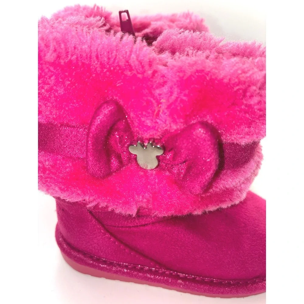 Disney Minnie Mouse Toddler Girls Hot Pink Faux Fur Bow Winter Boots Size 4